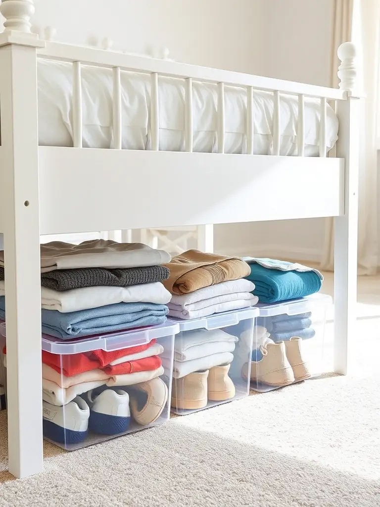 A clear, well-lit image of several under-bed storage containers filled with clothes and shoes, neatly arranged under a bed, illustrating efficient use of space for home storage.