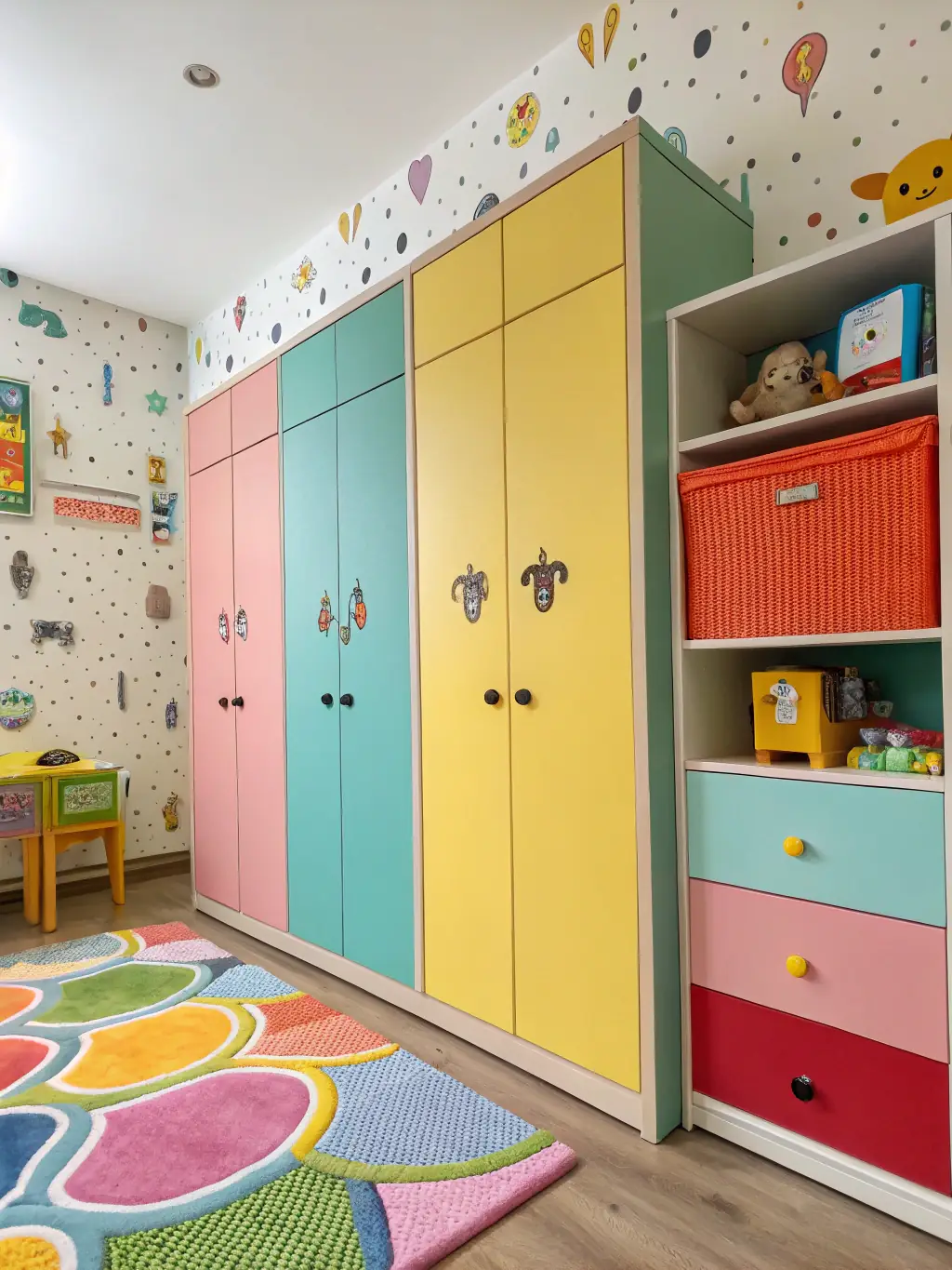A vibrant image of a set of colorful, stackable plastic storage bins with secure lids, arranged in a children's playroom, demonstrating durable and child-friendly storage options.
