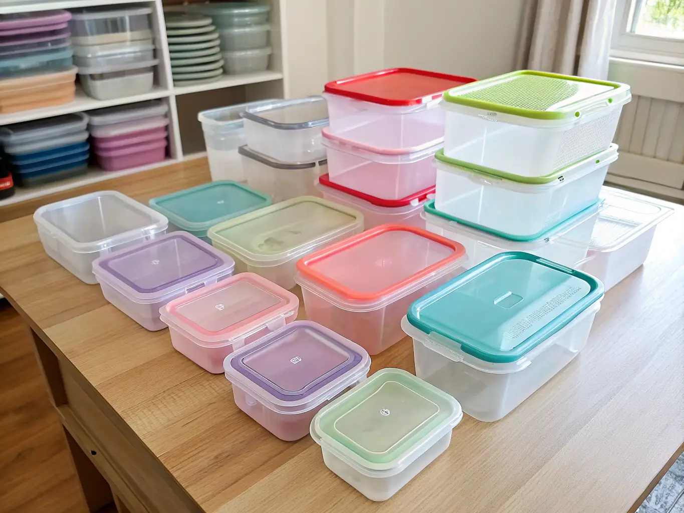 An image displaying different sizes of storage bins neatly stacked, demonstrating the size customization options available to fit various spaces and storage needs.