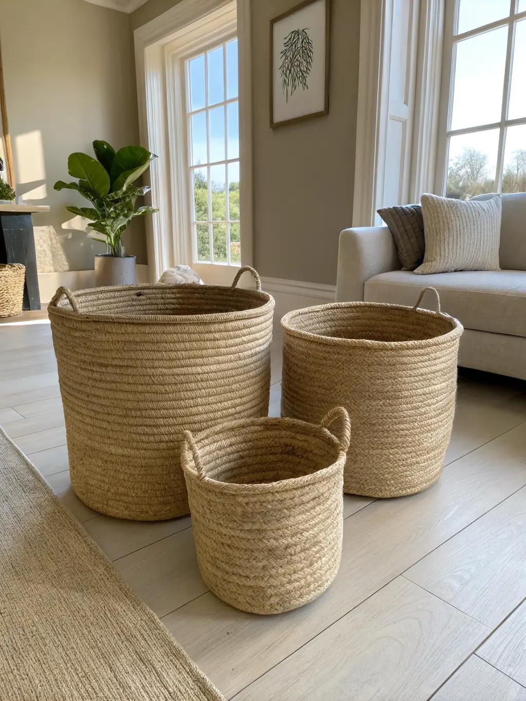 A professionally styled photo of several woven storage baskets with lids, placed on shelves in a living room, displaying an elegant and practical storage solution for blankets and pillows.