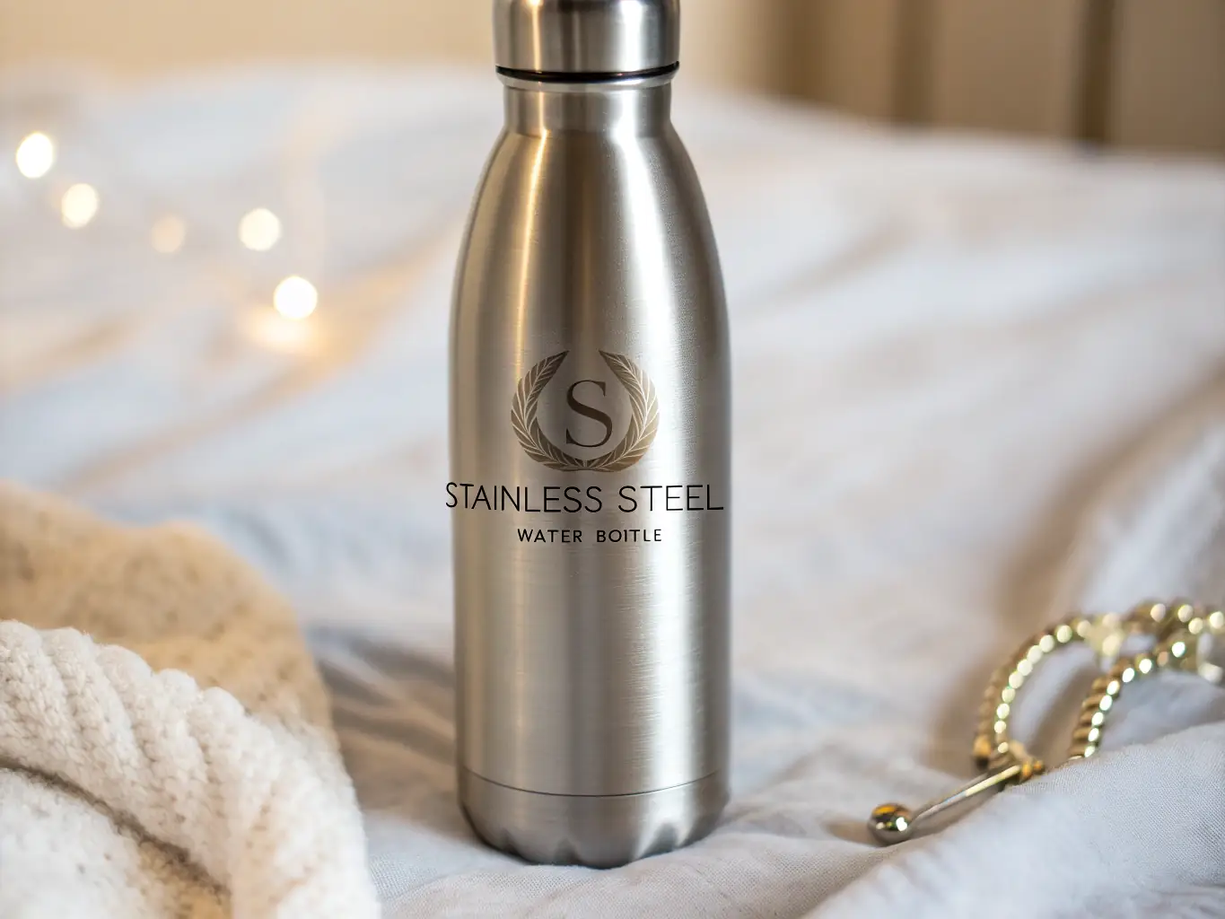 A close-up shot of a hand holding a customized stainless steel water bottle with a laser-etched logo, demonstrating the high level of detail and quality achievable through SilverJet's customization services.