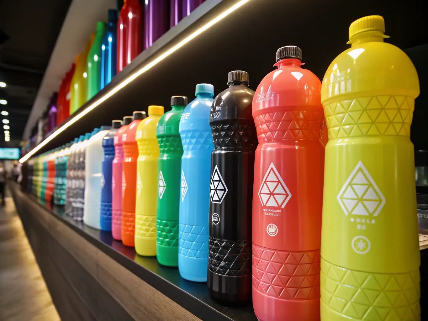 A digitally rendered image showcasing a variety of custom-designed water bottles with different brand logos and color schemes, arranged on a clean white surface to highlight the customization options available through SilverJet's OEM services.