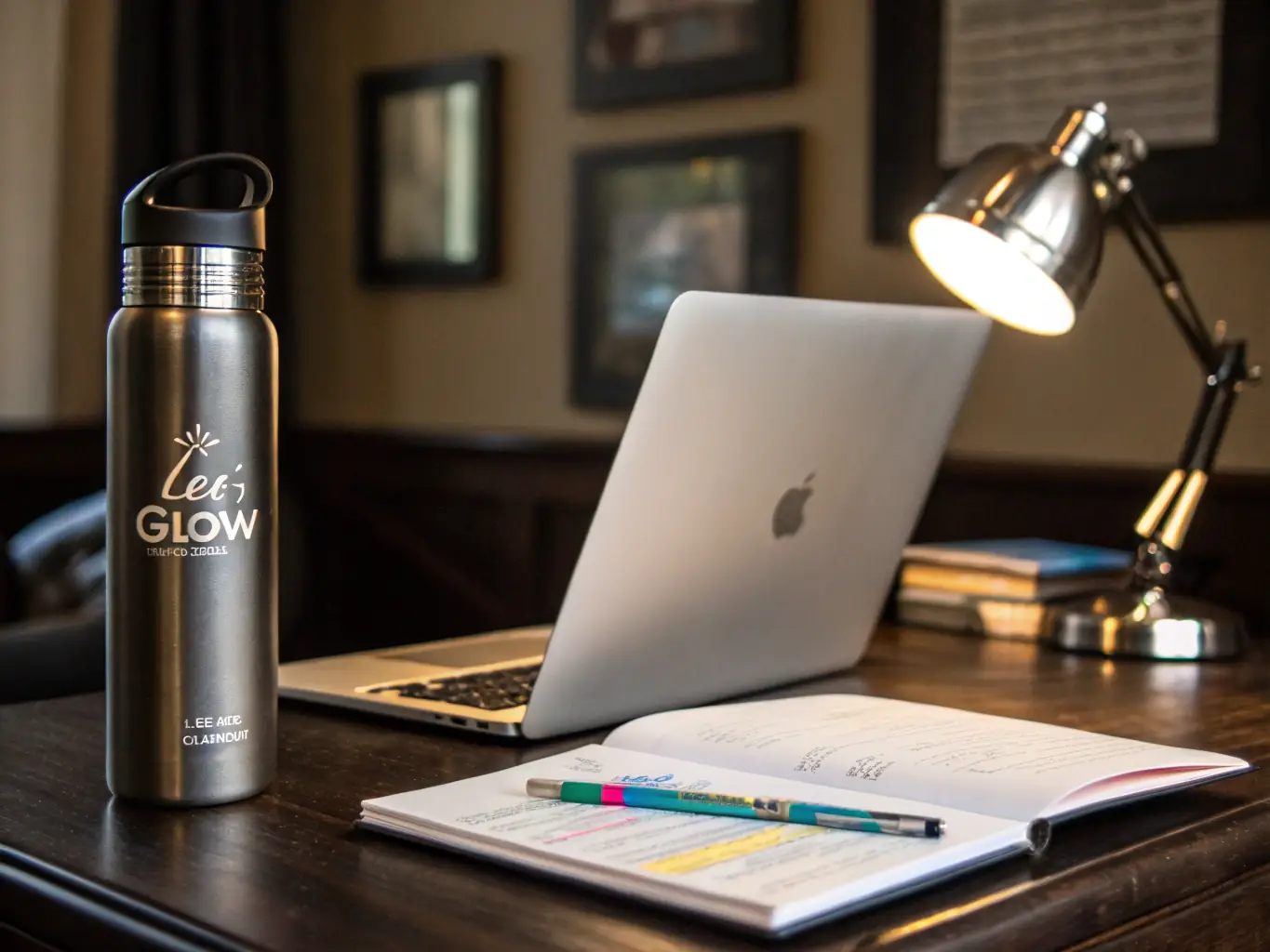 A high-quality photograph showcasing a sleek, stainless steel insulated bottle with a matte finish, placed on a desk in a modern office setting. The bottle is surrounded by office supplies, subtly emphasizing its suitability for professional environments.