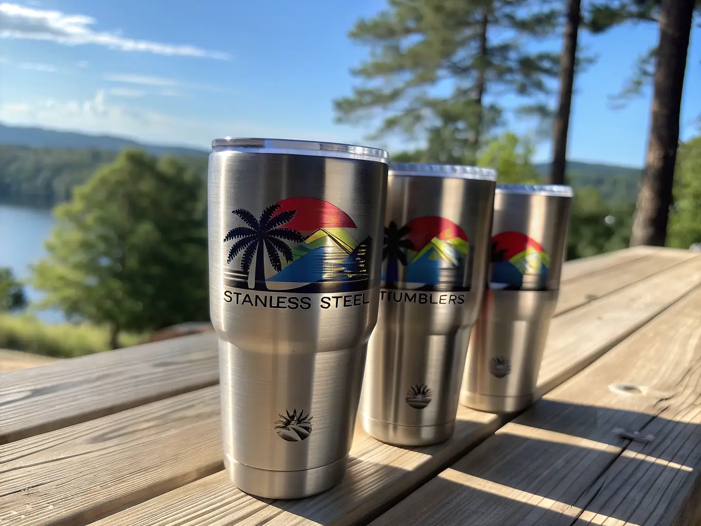 A scenic shot of an outdoor tumbler placed on a rocky surface during a camping trip. The tumbler is shown with condensation, indicating it's keeping a cold drink chilled in a natural setting.
