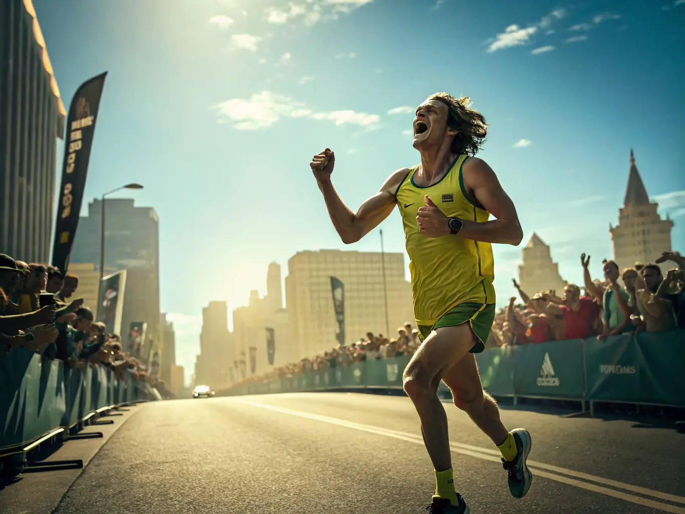 A vibrant image featuring a group of athletes using colorful sports water bottles during a marathon. The focus is on the bottles' ergonomic design and the athletes' hydration during the race.