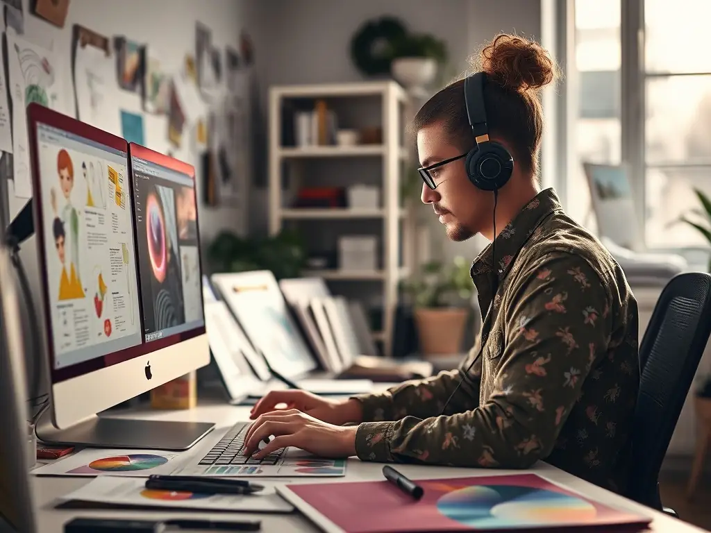 A photograph of a SilverJet designer working on a 3D model of a custom tumbler on a computer, with sketches and material samples scattered around the workspace, illustrating the ODM design process.