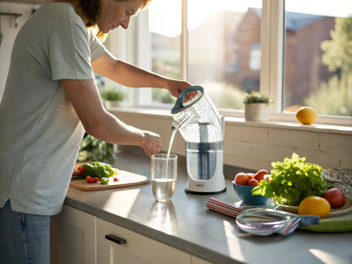 A person filling an insulated bottle with water from a reusable source, such as a water filter or a tap. The scene emphasizes sustainability and eco-friendliness.