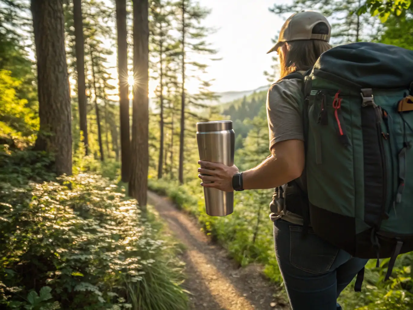 A person hiking in a mountain landscape, drinking from a sleek, branded insulated bottle. The background shows a clear blue sky and lush greenery, emphasizing the bottle's portability and suitability for outdoor activities.